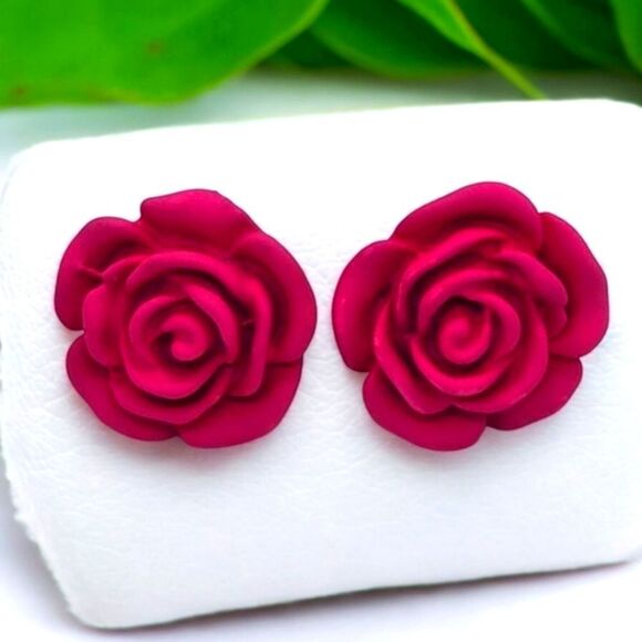 Small Rose Earrings Hot Pink Pierced Ear Stud Post Women's Jewelry Gift Romantic - Picture 4 of 8